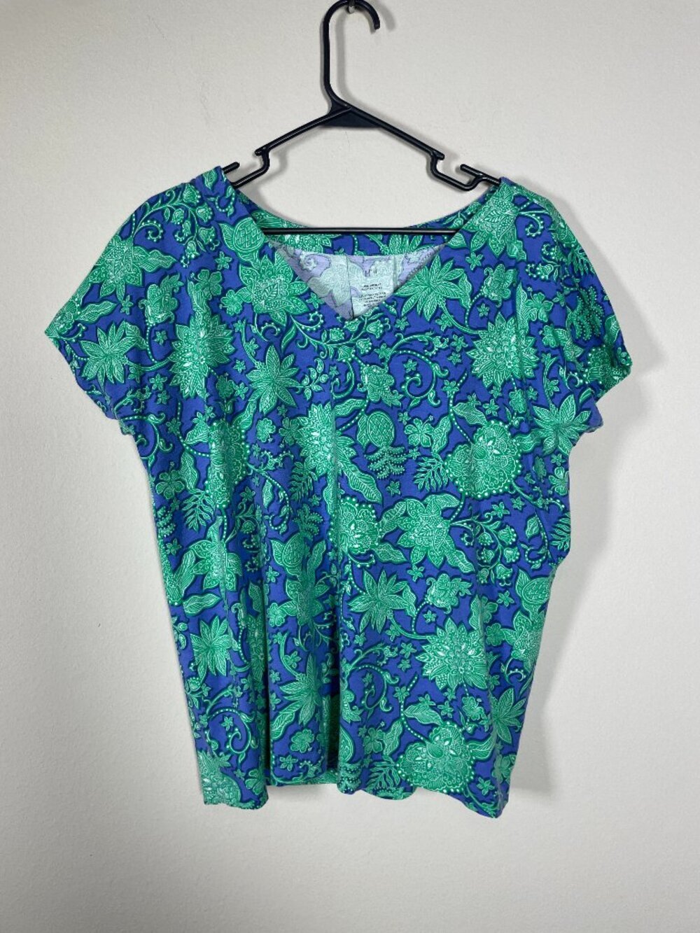 J Jill Women's Green Blue Floral Pleat Back Tee M Luxe Supima Casual!